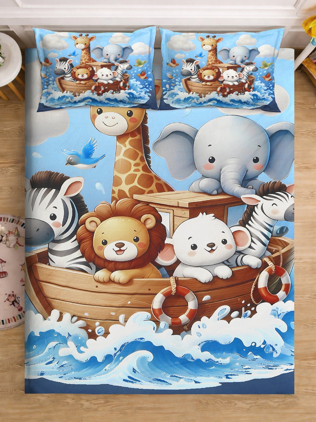 Multi Digital Animal Printed Cotton Blend Fitted Double Bedsheet with 2 Pillow Covers