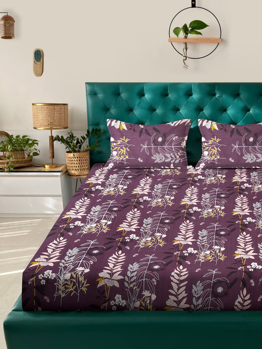 Purple Floral 300 TC Cotton Blend Double Bedsheet in Book Fold Packing