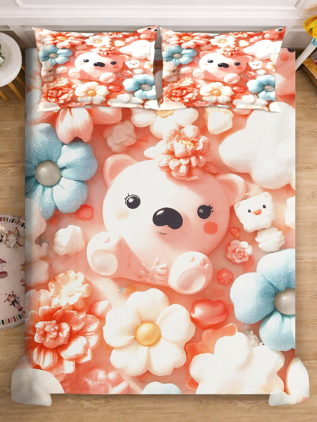 Orange 7D Cartoon Characters Printed Fitted Cotton Blend Double Bedsheet with 2 Pillow Covers