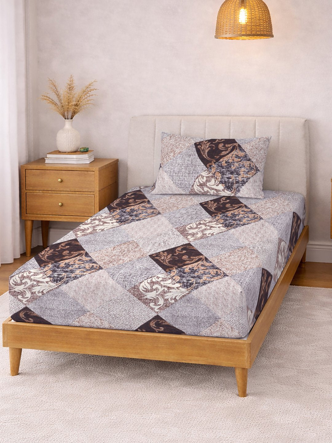 Brown Geometric Cotton Blend Fitted Single Bedsheet with Pillow Cover