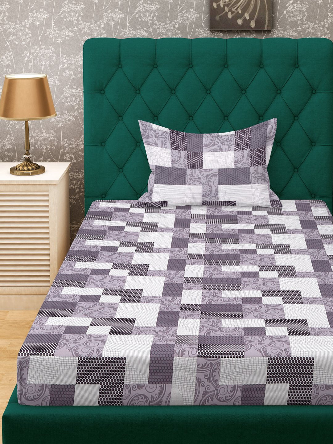 Purple Geometric 400 TC Pure Cotton Single Bedsheet with Pillow Cover