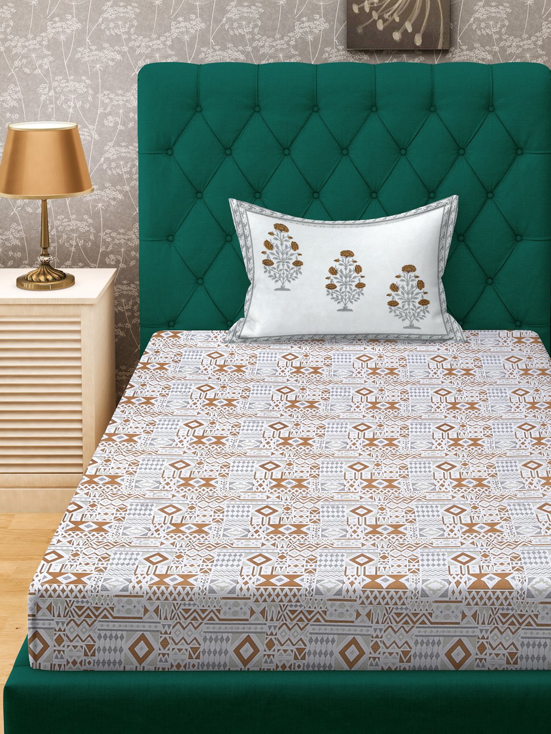 Mustard Geometric 400 TC Pure Cotton Single Bedsheet with Pillow Cover