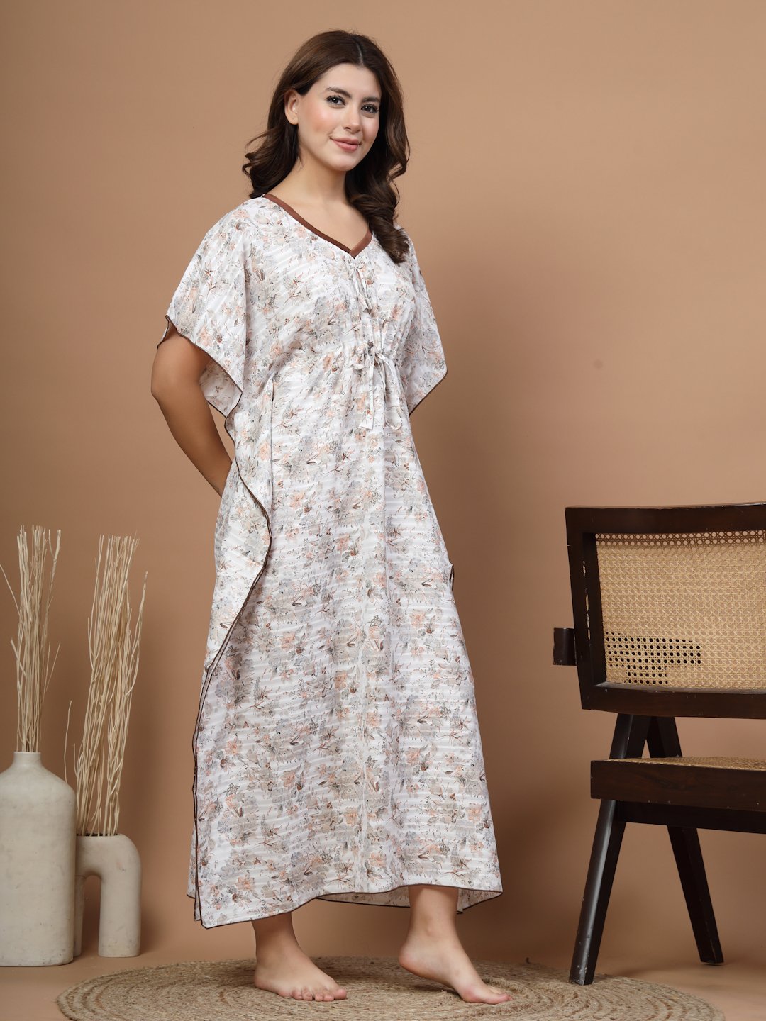 White Floral Cotton Blend Kaftan Maxi Nightdress