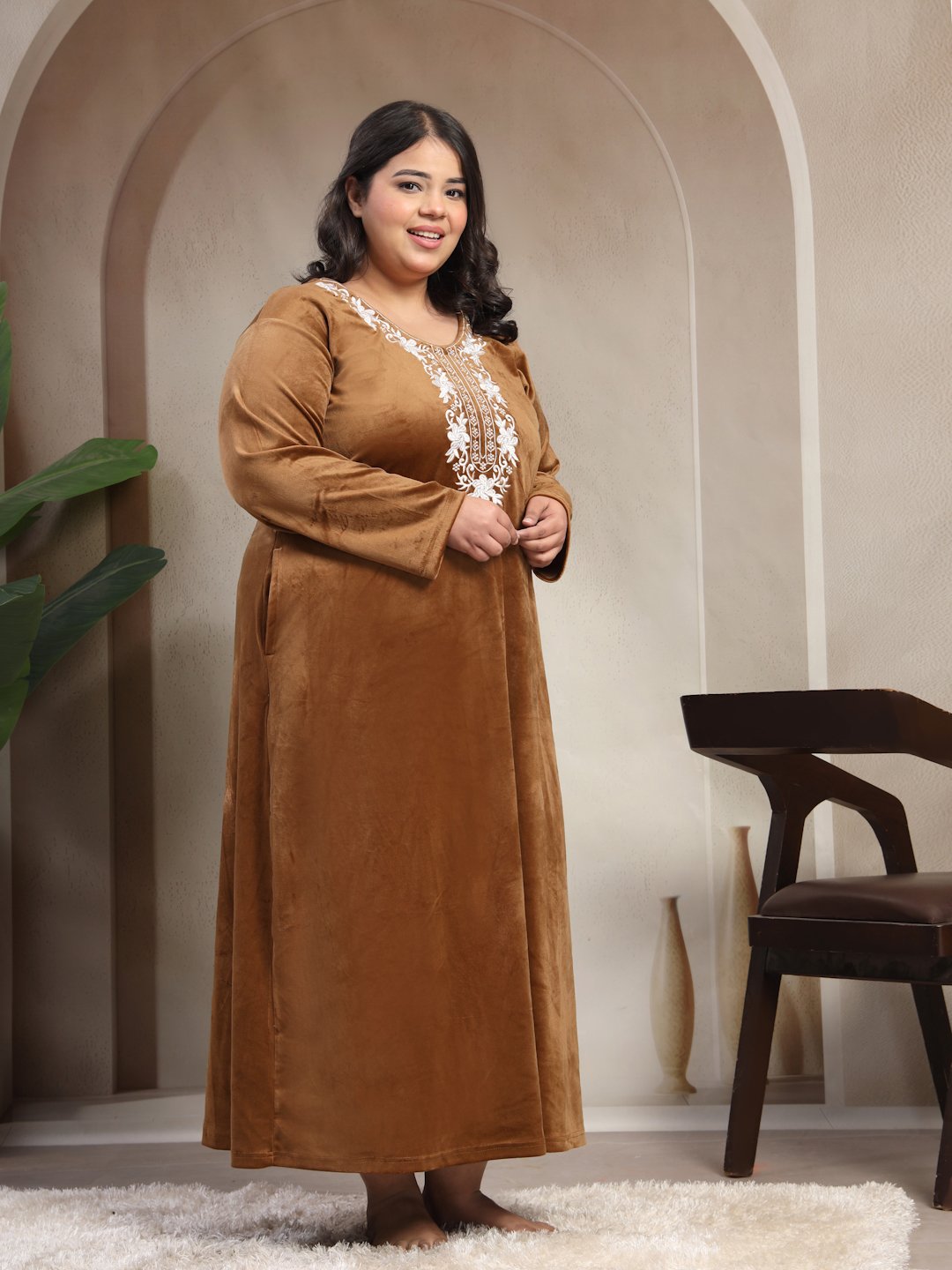 Klotthe Brown Solid Soft touch Velvet Maxi Nightdress