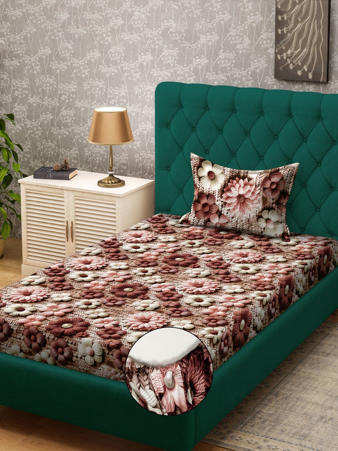 Brown Floral 7D Cotton Blend Fitted Single Bedsheet with Pillow Cover