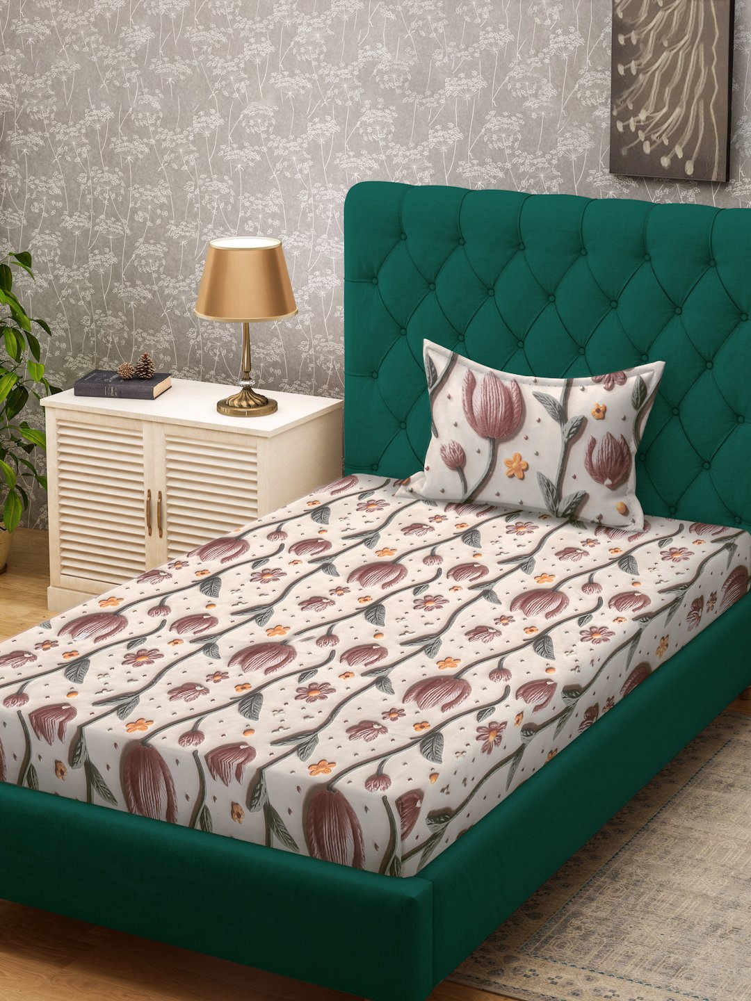 Cream Floral 7D Cotton Blend Single Bedsheet with Pillow Cover