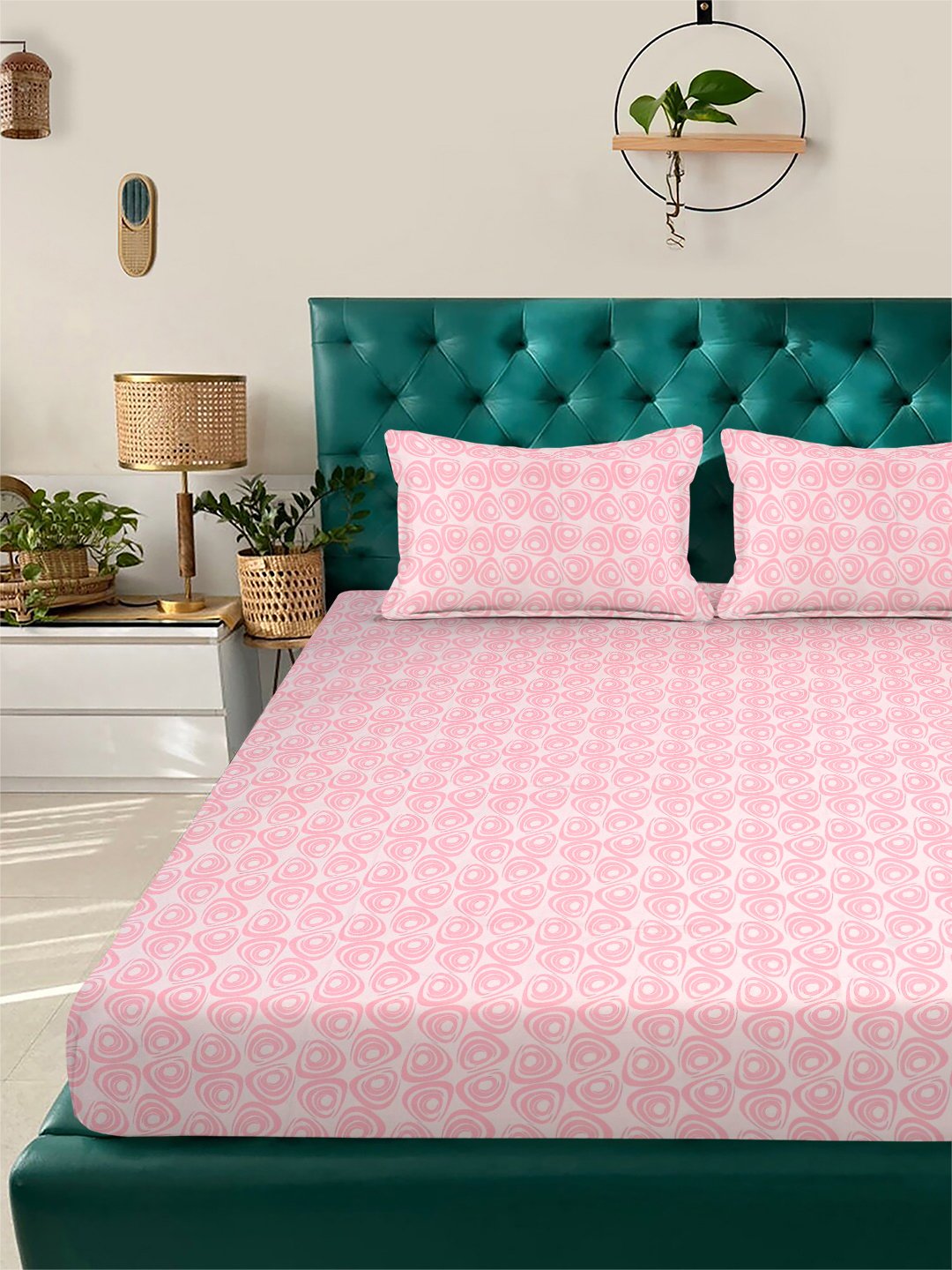 Pink Abstract 300 TC Cotton Blend Fitted Double Bedsheet with 2 Pillow Covers