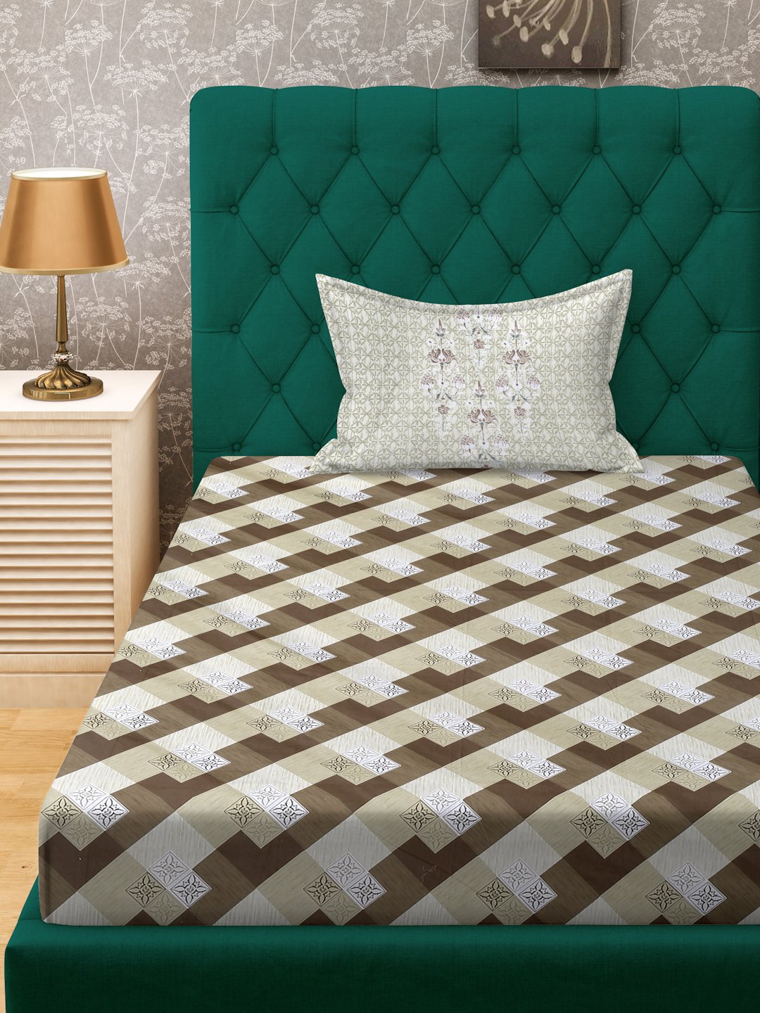 Brown Geometric 400 TC Pure Cotton Fitted Single Bedsheet with Pillow Cover
