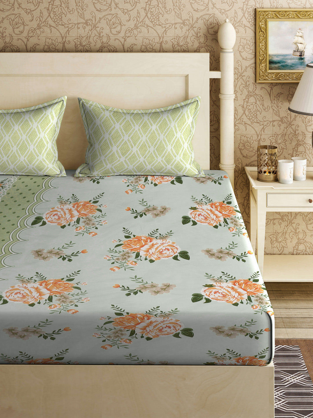 Klotthe Green Floral 300 TC Cotton Blend Double Bedsheet with 2 Pillow Covers