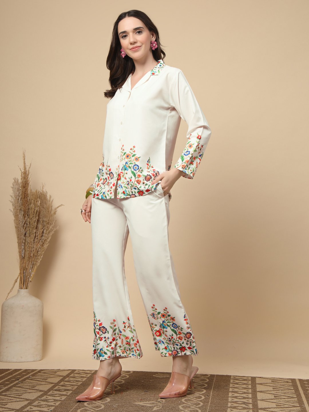 Cream Cotton Printed Shirt With Trousers Co-Ords Set
