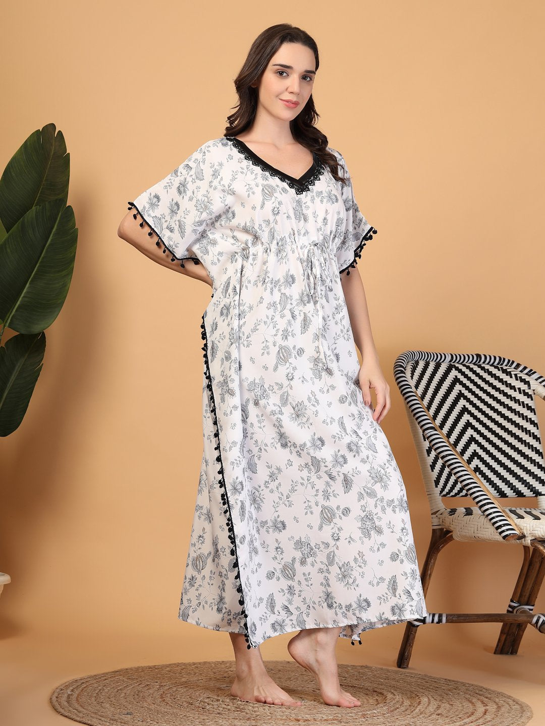 White Floral Cotton Blend Kaftan Maxi Nightdress