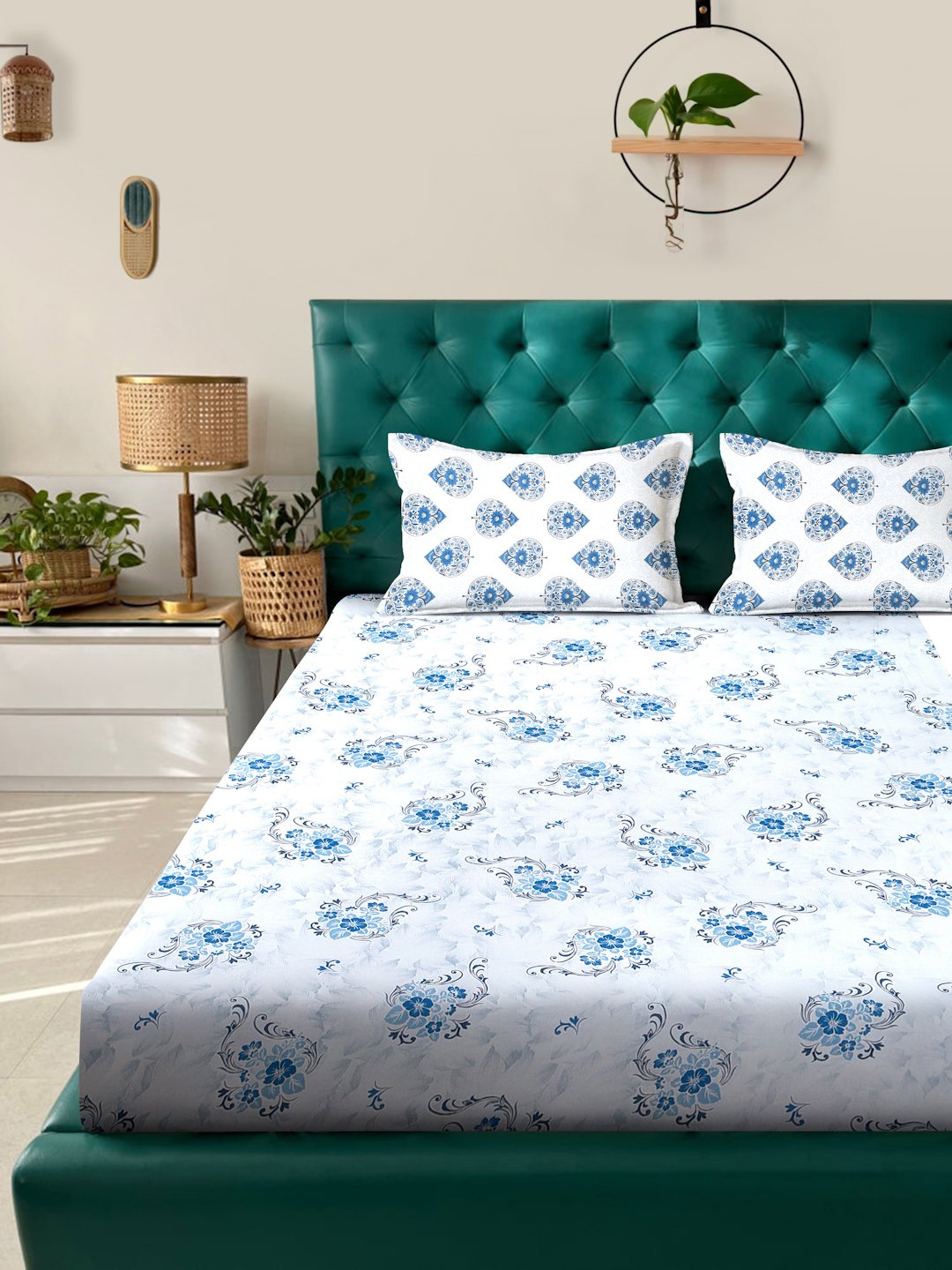 Blue Floral 400 TC Pure Cotton Double Bedsheet with 2 Pillow Covers