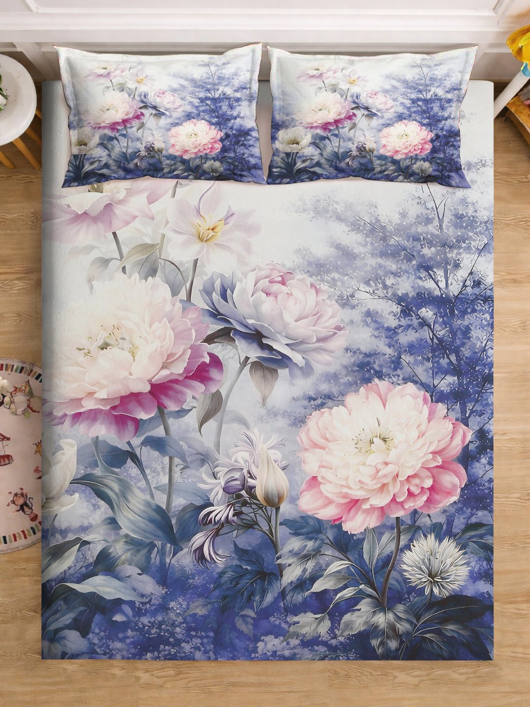 Blue Digital Floral Printed Cotton Blend Fitted Double Bedsheet with 2 Pillow Covers