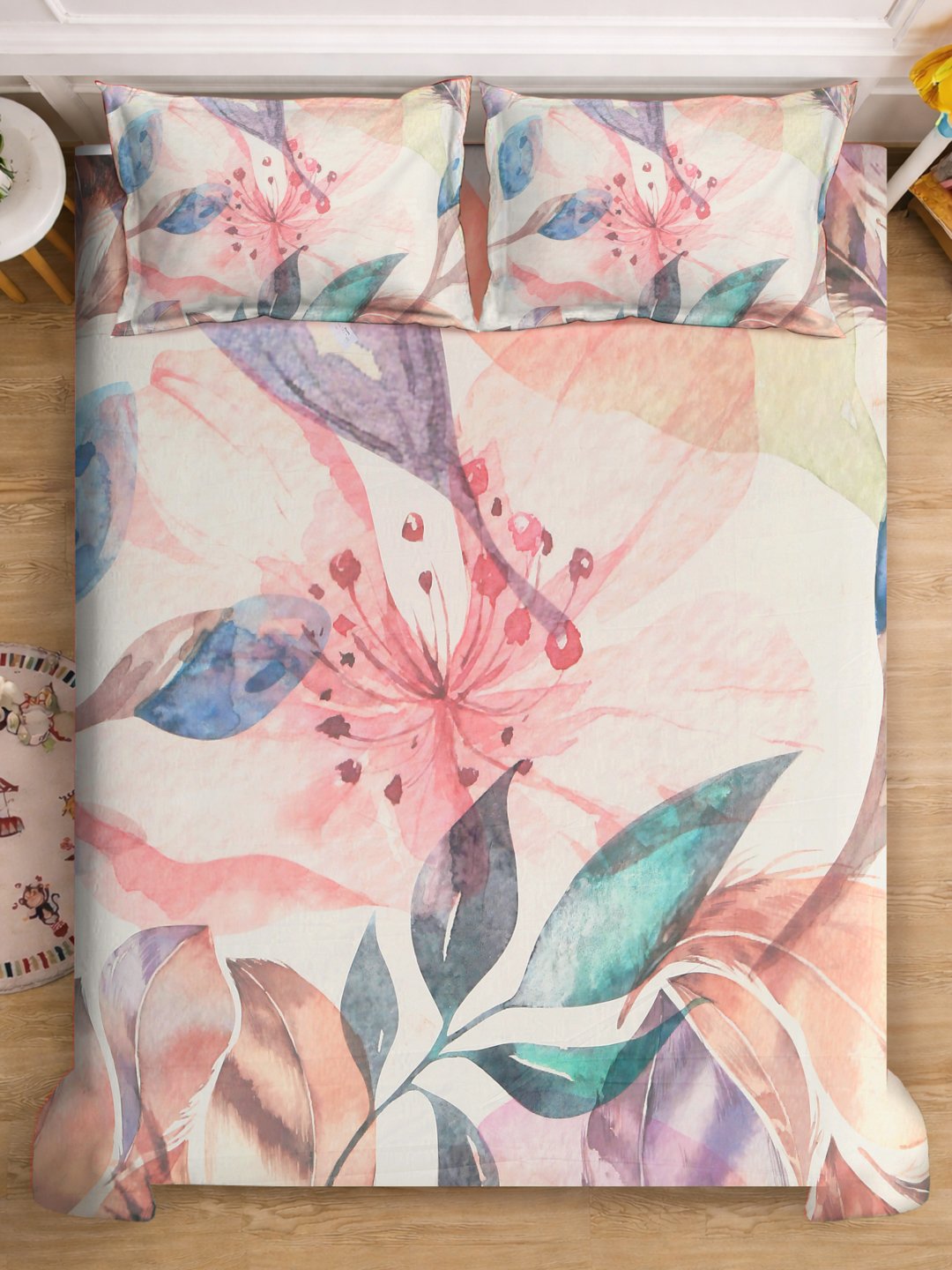 White 7D Floral Printed Cotton Blend Double Bedsheet with 2 Pillow Covers