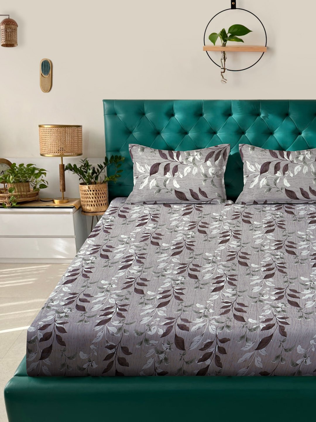 Brown Floral 400 TC Pure Cotton Fitted Double Bedsheet with 2 Pillow Covers