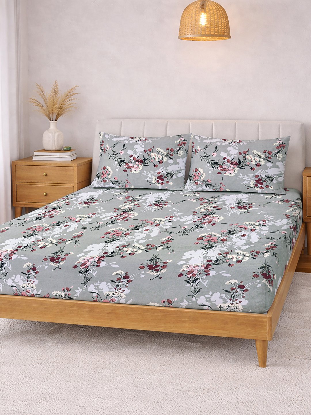 Grey Floral Fitted Fitted Cotton Blend Double Bedsheet with 2 Pillow Covers