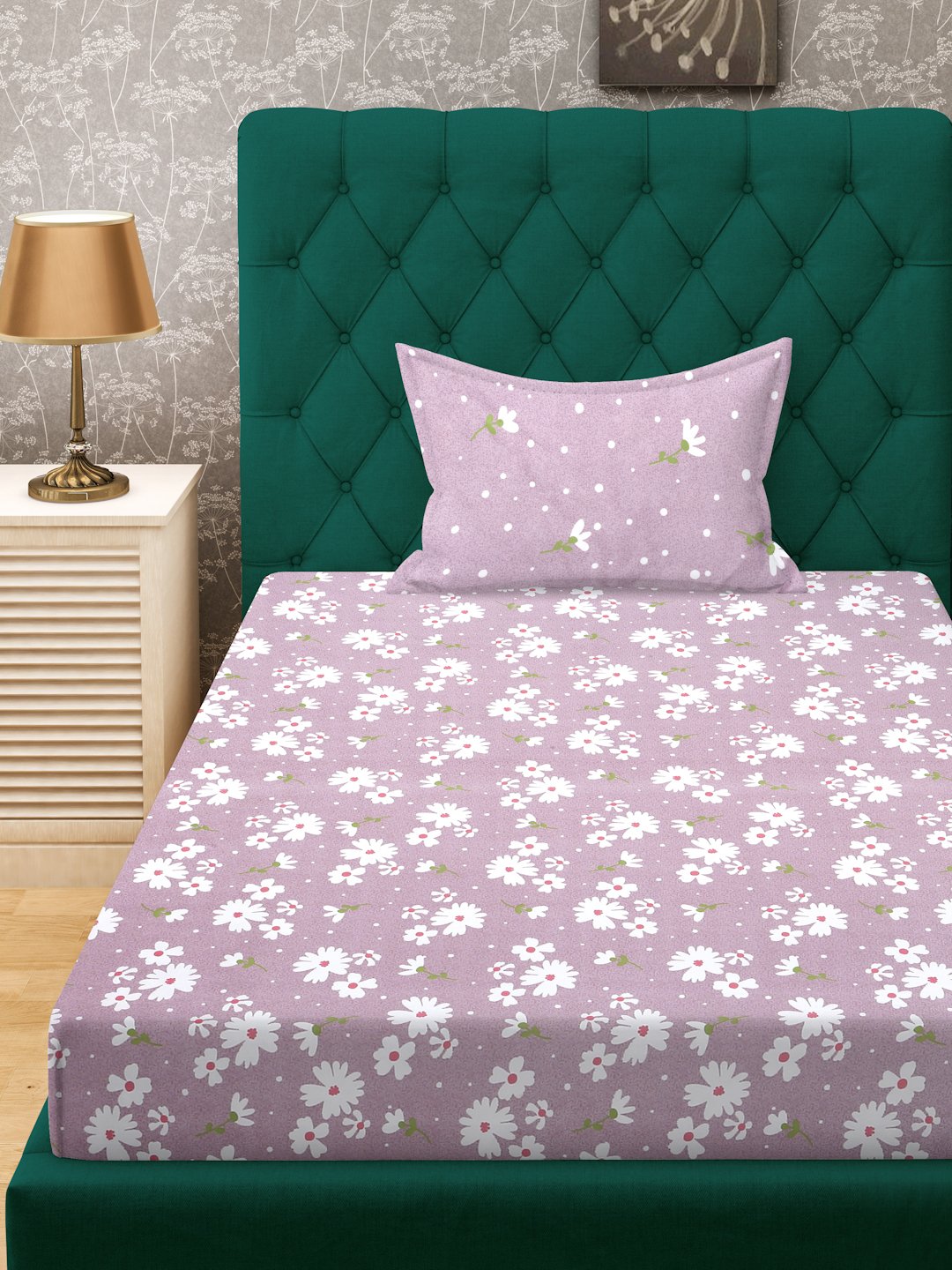 Purple Floral 300 TC Cotton Blend Fitted Single Bedsheet in Book Fold Packing