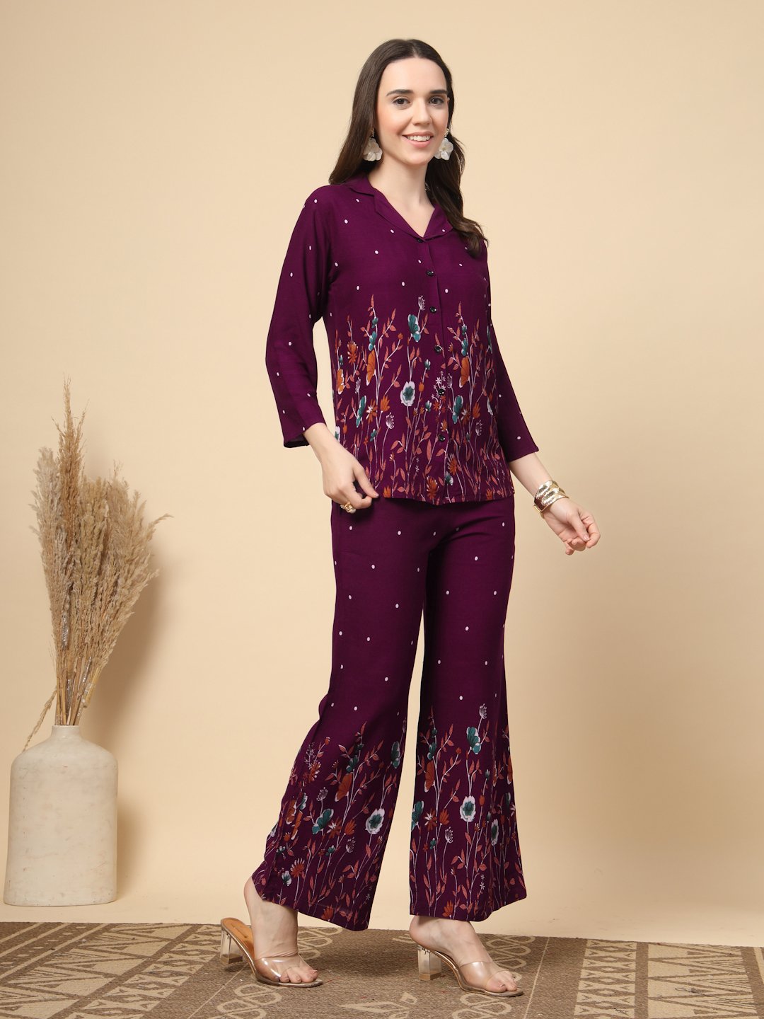 Wine Cotton Printed Shirt With Trousers Co-Ords Set