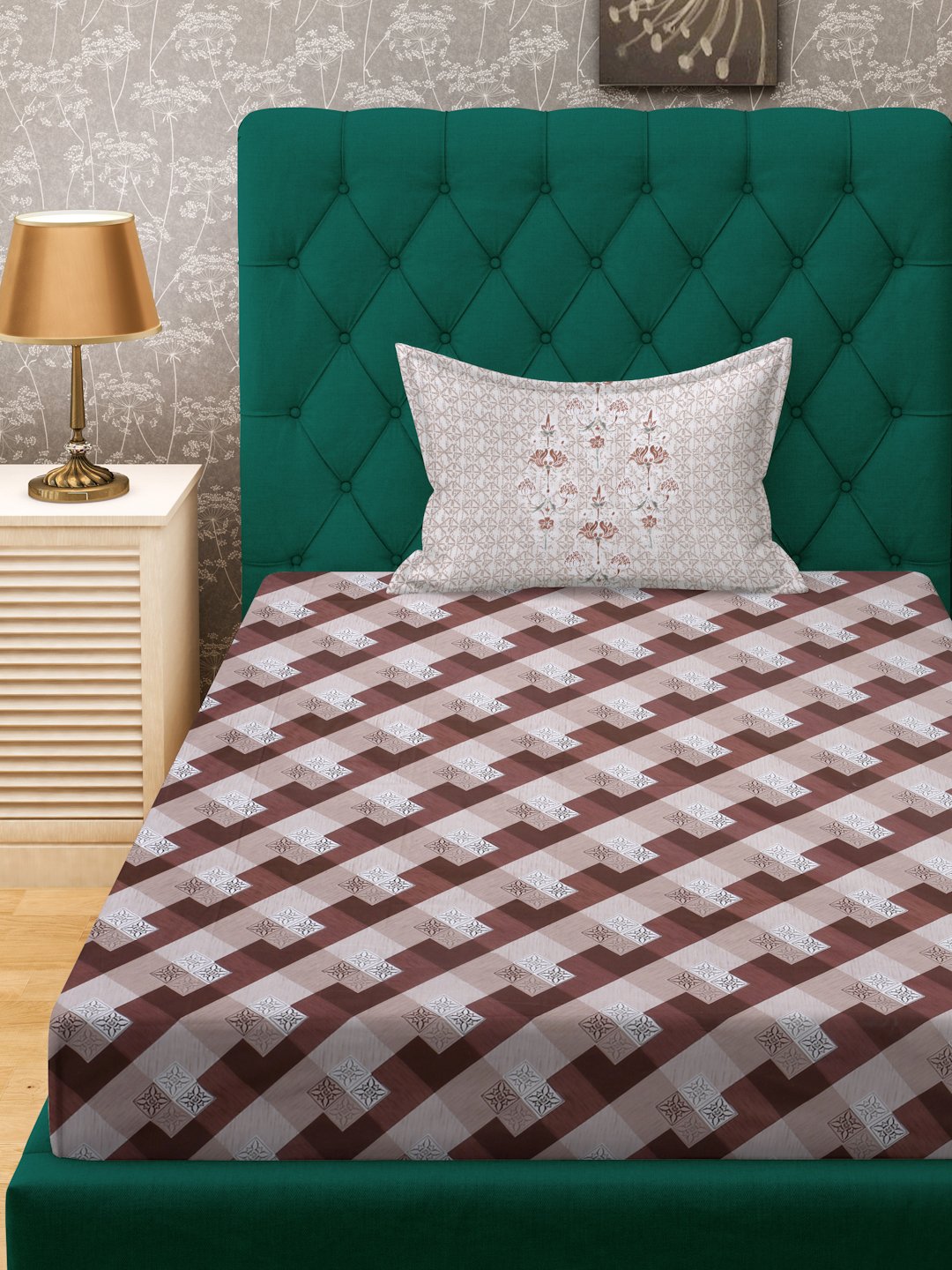 Rust Geometric 400 TC Pure Cotton Fitted Single Bedsheet with Pillow Cover