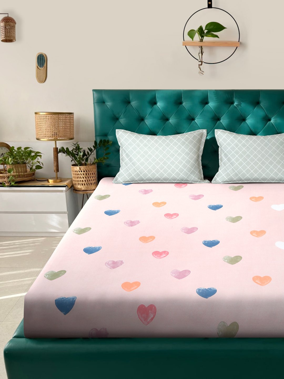 Pink Abstract 300 TC Cotton Blend Fitted Double Bedsheet with 2 Pillow Covers