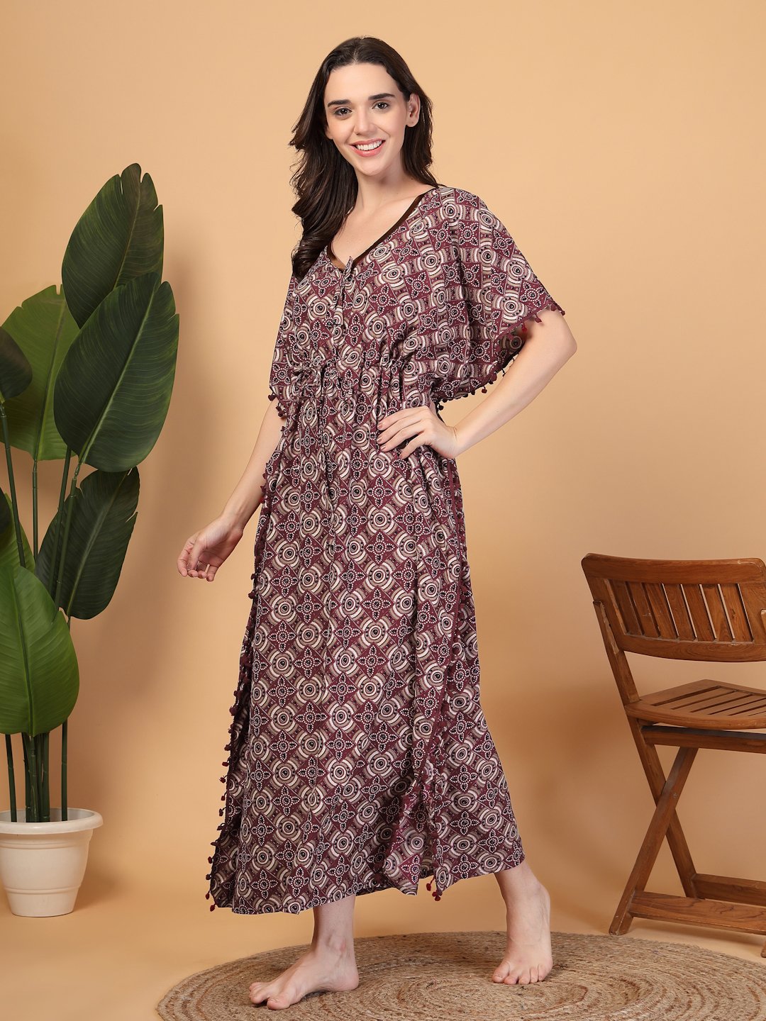 Red Floral Cotton Blend Kaftan Maxi Nightdress