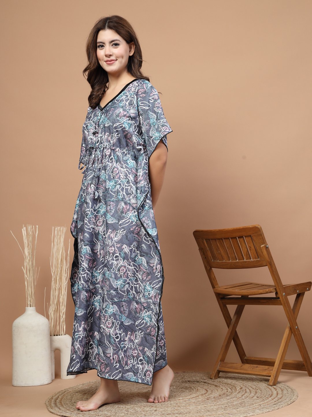 Grey Floral Cotton Blend Kaftan Maxi Nightdress