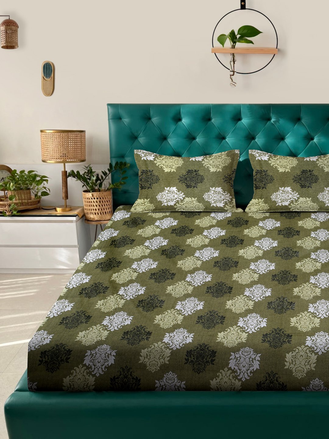 Olive Floral 400 TC Pure Cotton Fitted Double Bedsheet with 2 Pillow Covers