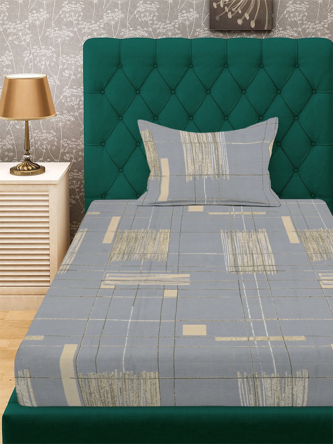 Grey Geometric 300 TC Cotton Blend Fitted Single Bedsheet with Pillow Cover