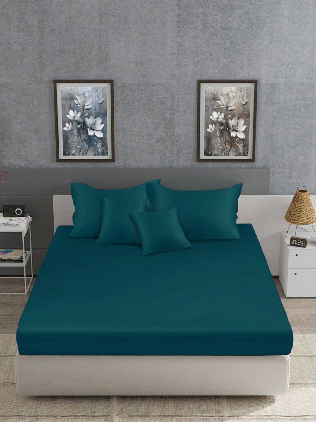 Turquoise Solid 400 TC Satin Super King Double Bedsheet with 2 Pillow Covers & 2 Cushion Covers