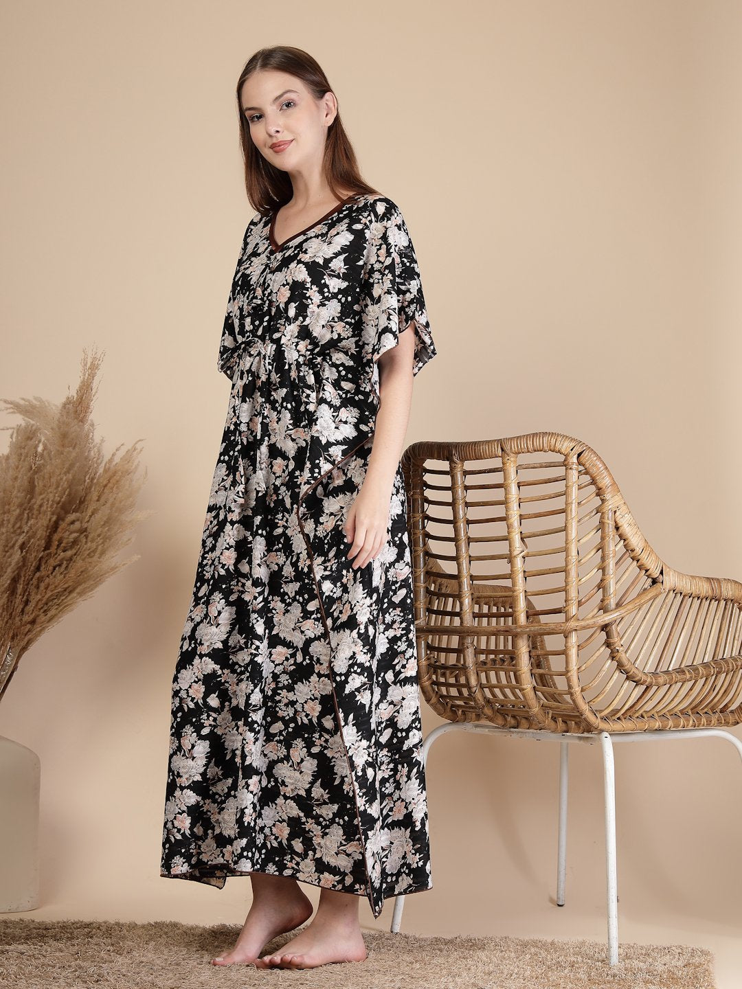 Black Floral Cotton Blend Kaftan Maxi Nightdress