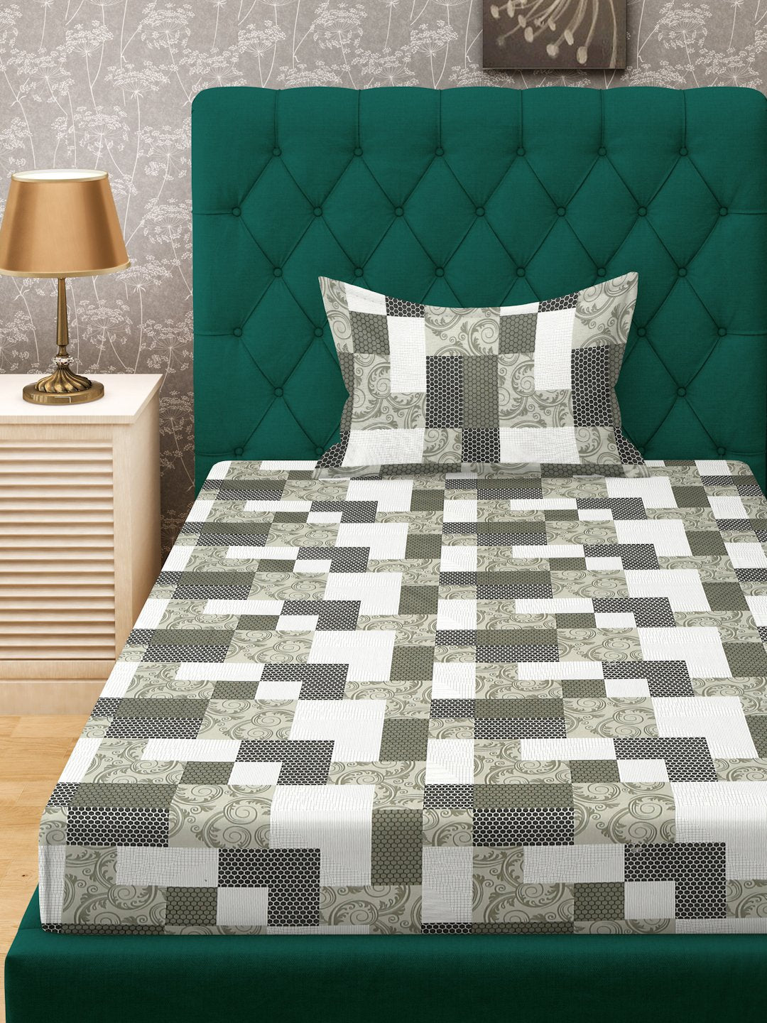 Olive Geometric 400 TC Pure Cotton Single Bedsheet with Pillow Cover