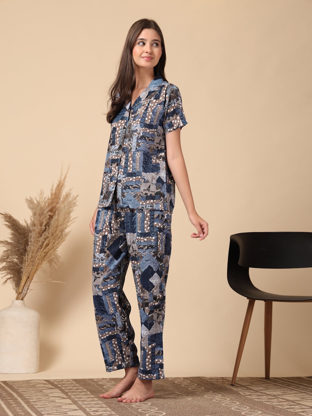 Blue Geometric Cotton Blend Women Night Suit