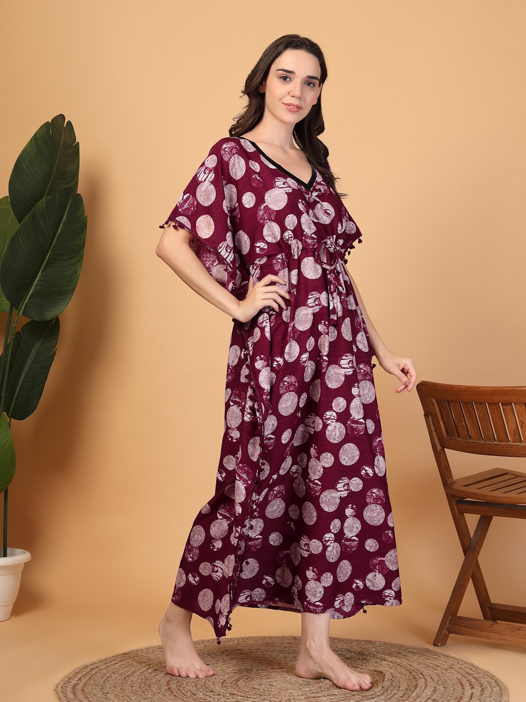 Red Floral Cotton Blend Kaftan Maxi Nightdress