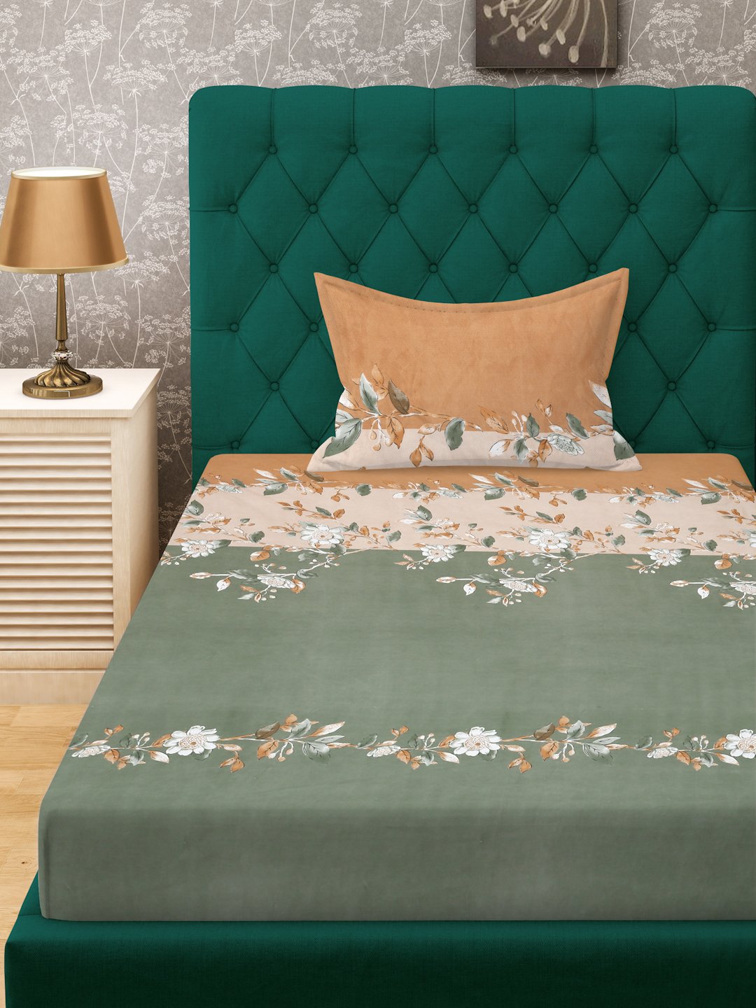 Green Floral 300 TC Cotton Blend Fitted Single Bedsheet with Pillow Cover