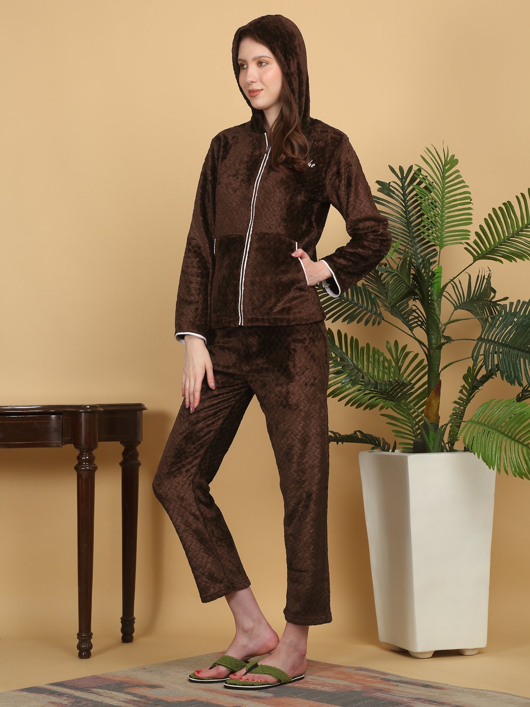 Women Dark Brown Solid Hooded Woolen Night Suit