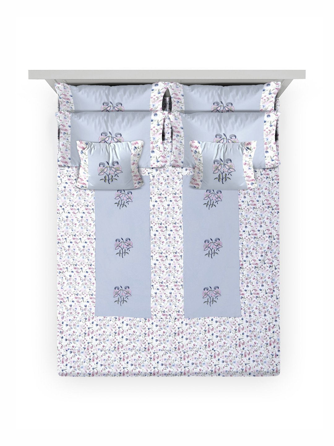 SkyBlue Floral Embroidered 400 TC Cotton Fitted Double Bedsheet with 4 Pillow Covers & 2 Cushion Covers