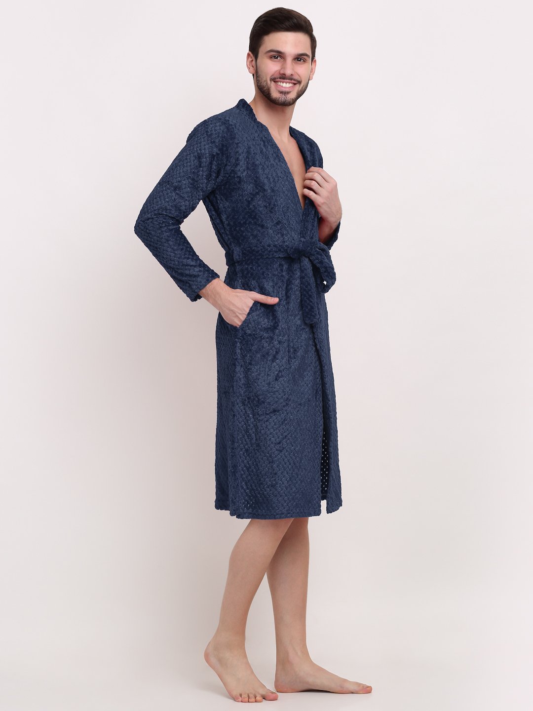 Men NavyBlue Self Design Wool Bath Robe With Belt
