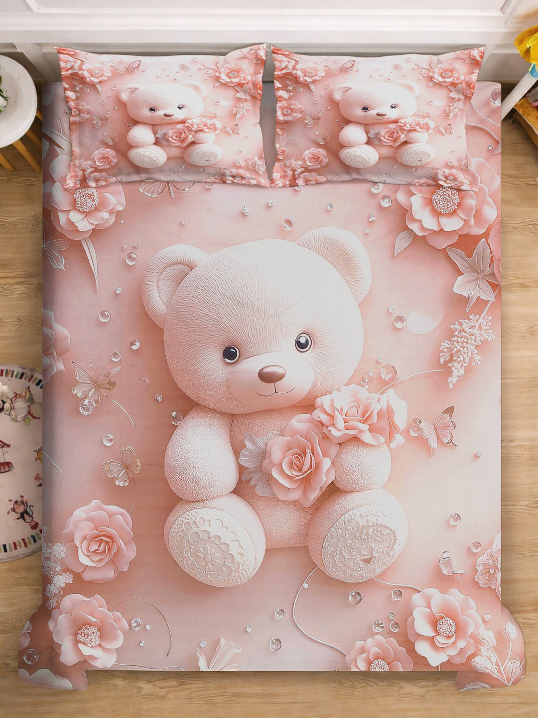 Pink 7D Cartoon Characters Printed Cotton Blend Double Bedsheet with 2 Pillow Covers