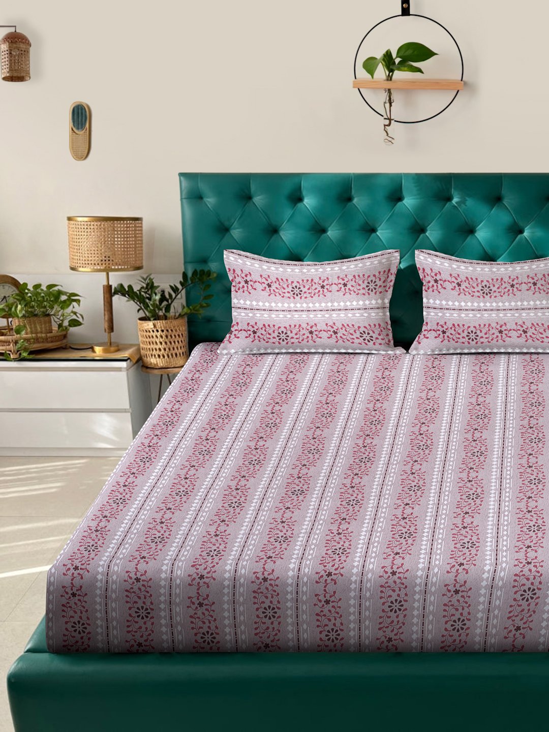Pink Floral 400 TC Pure Cotton Fitted Double Bedsheet with 2 Pillow Covers