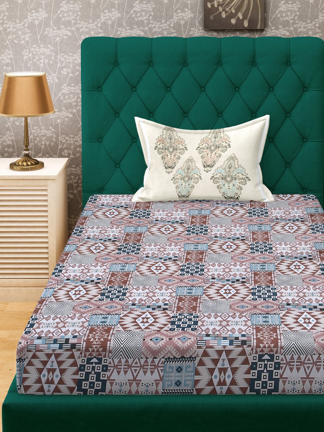 Multi Geometric 400 TC Pure Cotton Fitted Single Bedsheet with Pillow Cover