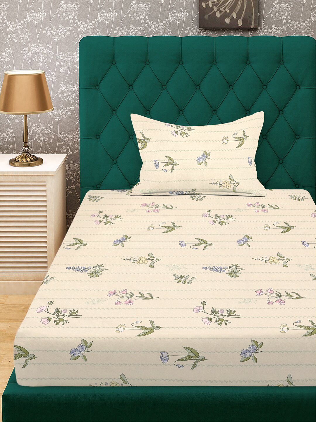 Cream Floral 300 TC Cotton Blend Single Bedsheet with Pillow Cover