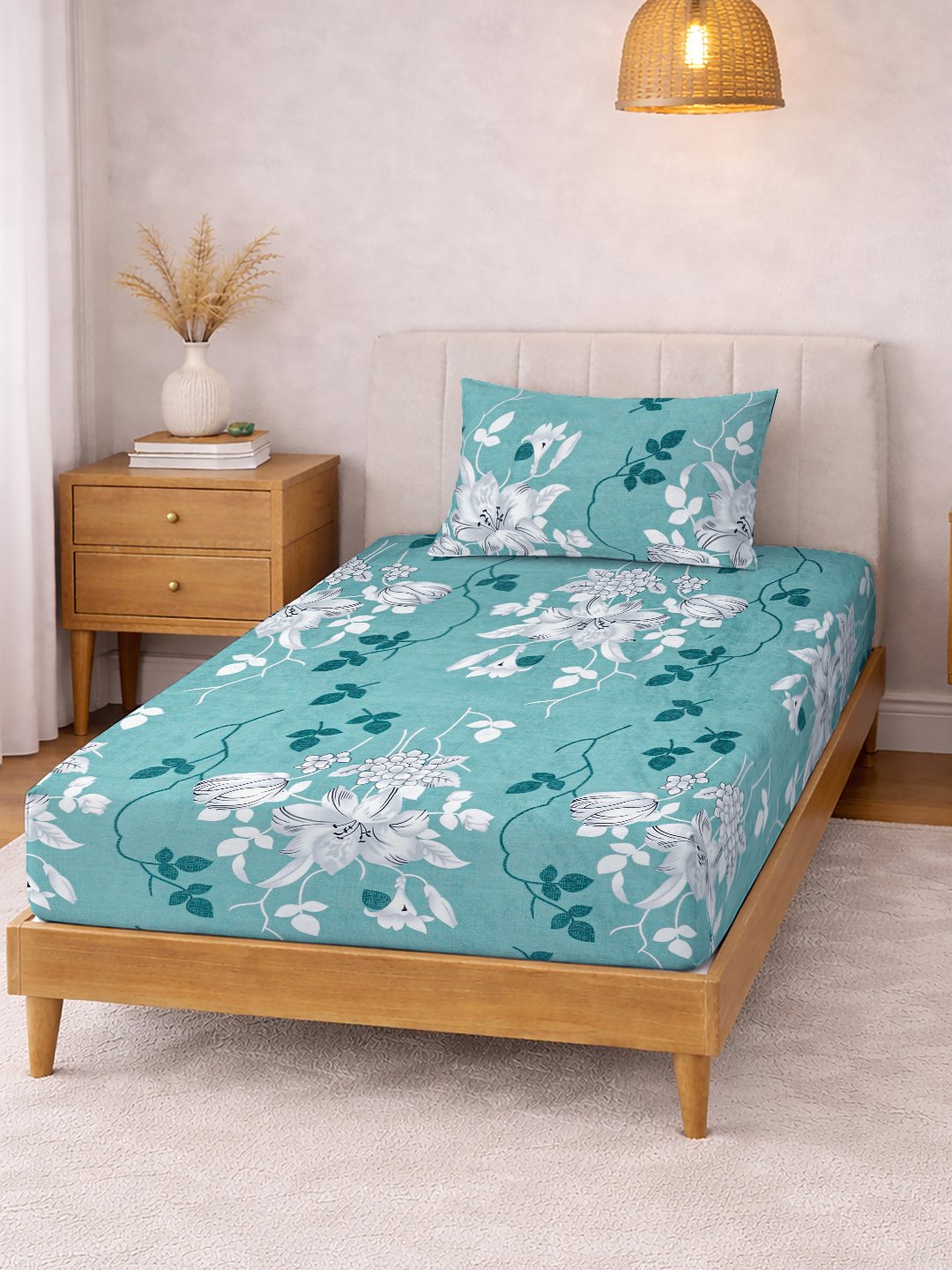 Green Floral Cotton Blend Single Bedsheet with Pillow Cover