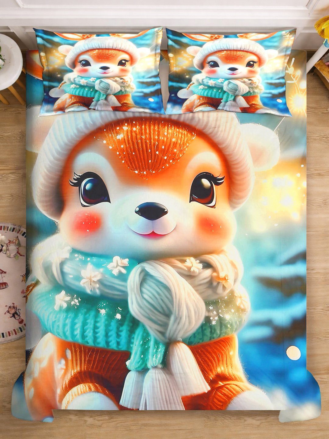 Multi 7D Cartoon Characters Printed Fitted Cotton Blend Double Bedsheet with 2 Pillow Covers