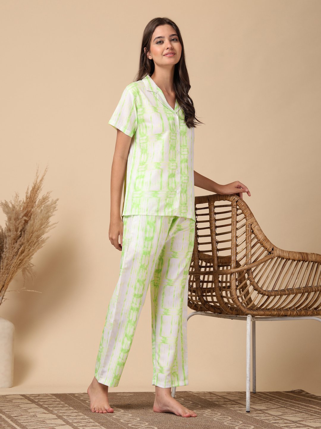 Green Striped Cotton Blend Women Night Suit