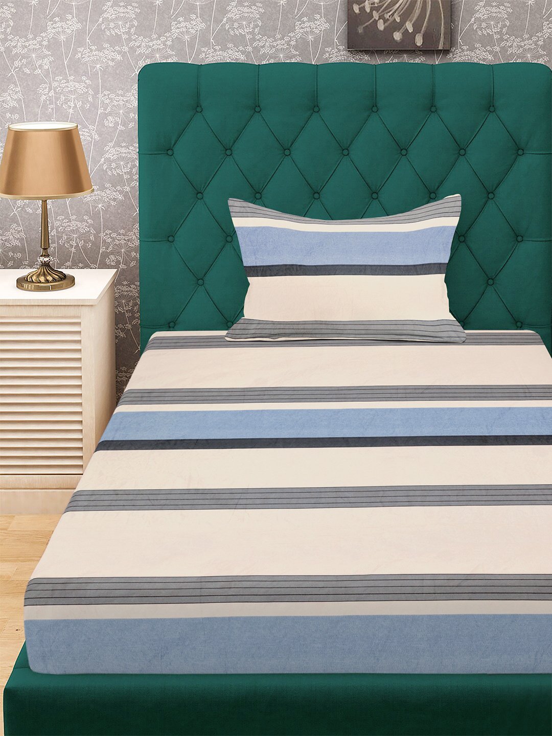 Multi Striped 300 TC Cotton Blend Single Bedsheet with Pillow Cover
