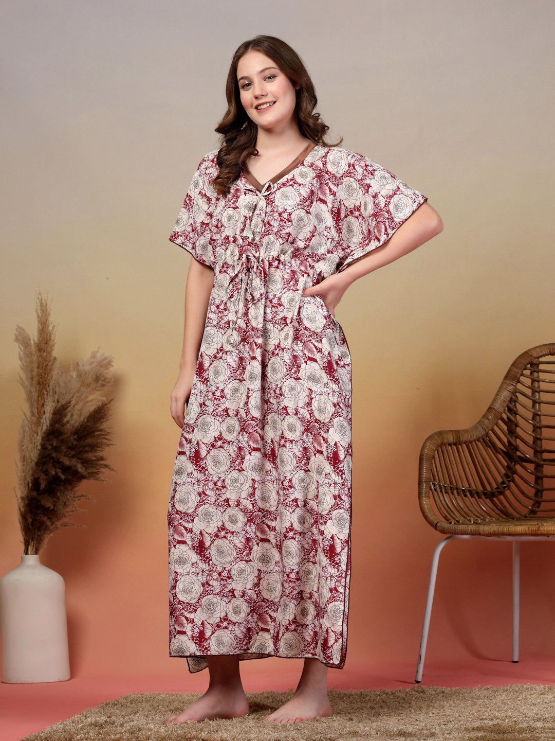 Maroon Floral Cotton Blend Kaftan Maxi Nightdress