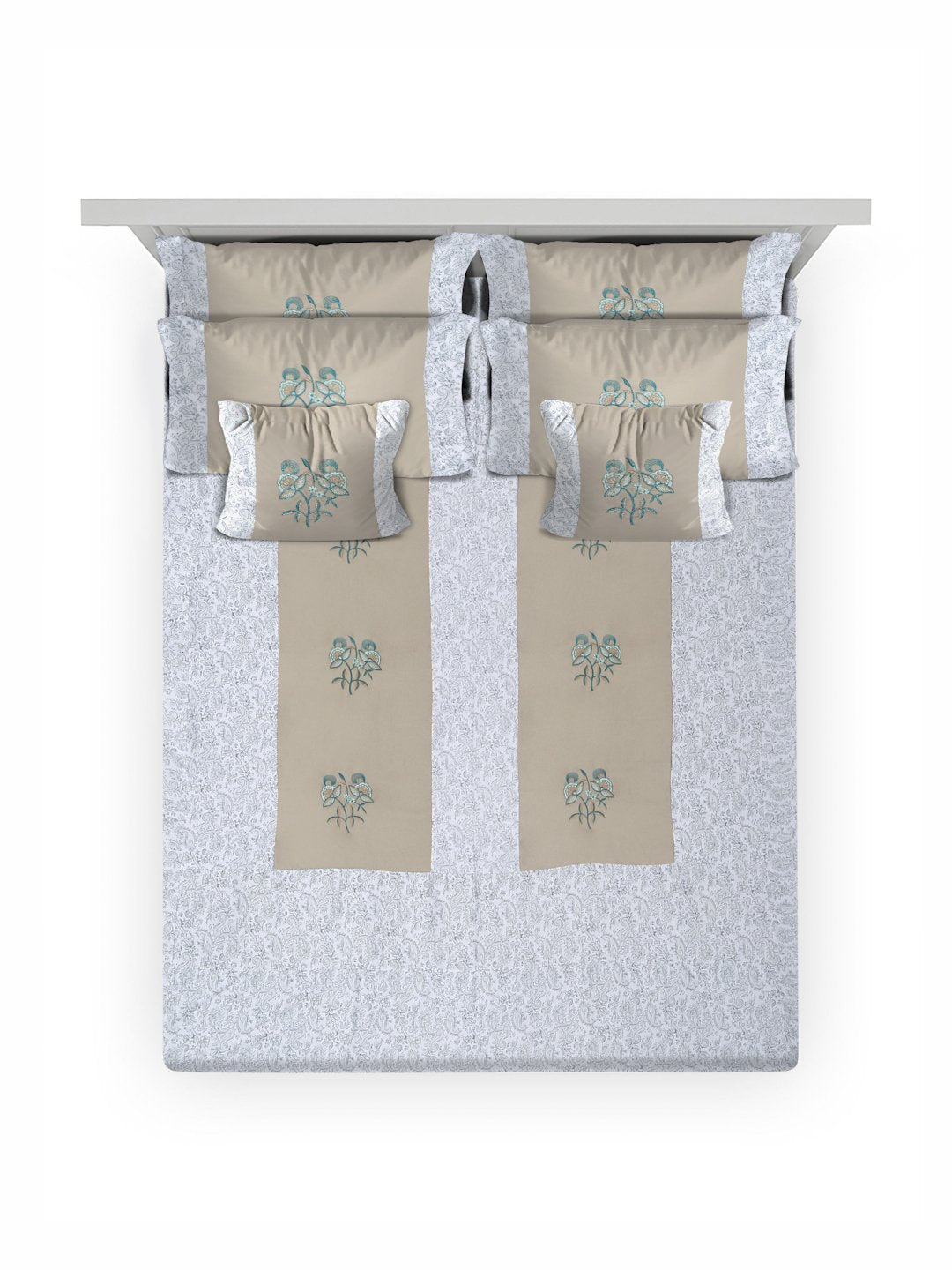 Beige Floral Embroidered 400 TC Cotton Fitted Double Bedsheet with 4 Pillow Covers & 2 Cushion Covers