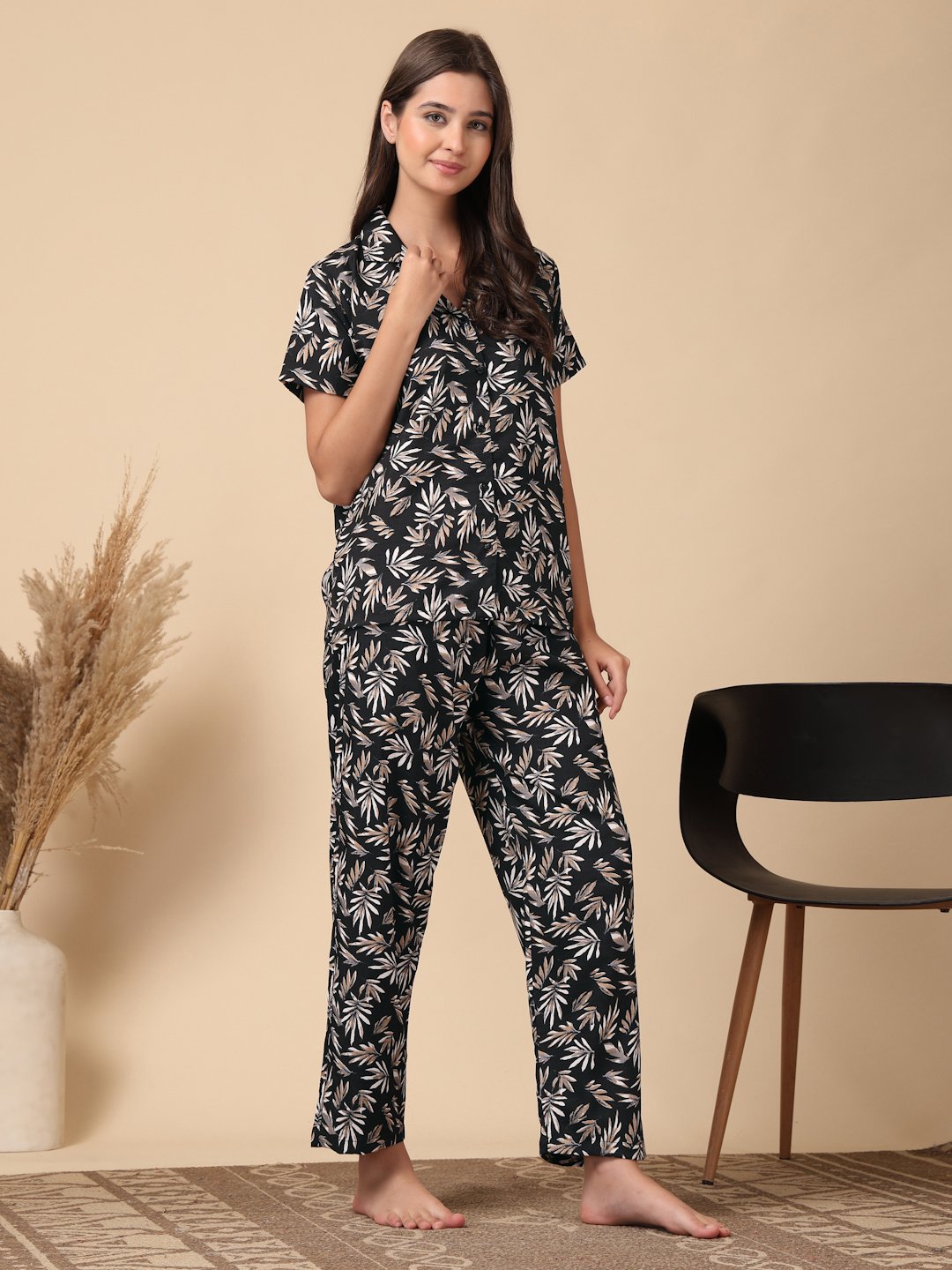 Black Floral Cotton Blend Women Night Suit