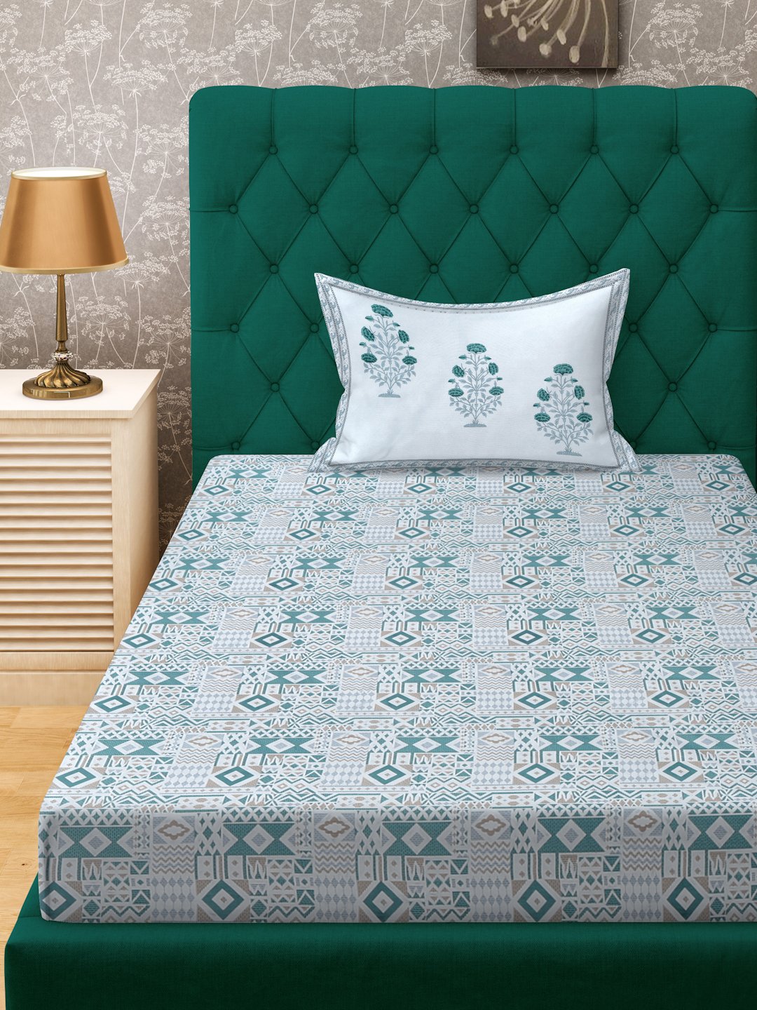 Green Geometric 400 TC Pure Cotton Fitted Single Bedsheet with Pillow Cover