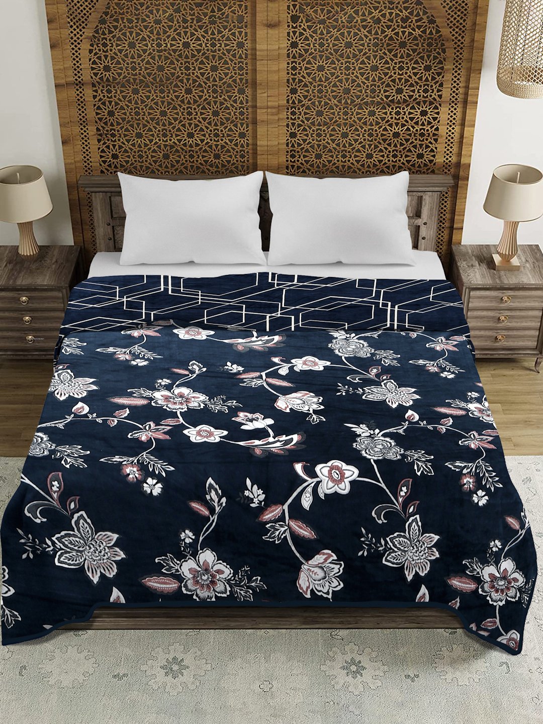 Blue Woolen Floral Double Bed Dohar